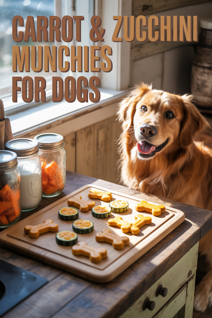 Ideogram Prompt: A warm kitchen scene with homemade carrot and zucchini dog treats on a tray, a happy dog sitting nearby, natural lighting, rustic style, and bold text overlay saying “Carrot & Zucchini Munchies for Dogs”