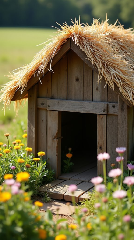 1. Rustic Wooden Dog House With Hay Roof