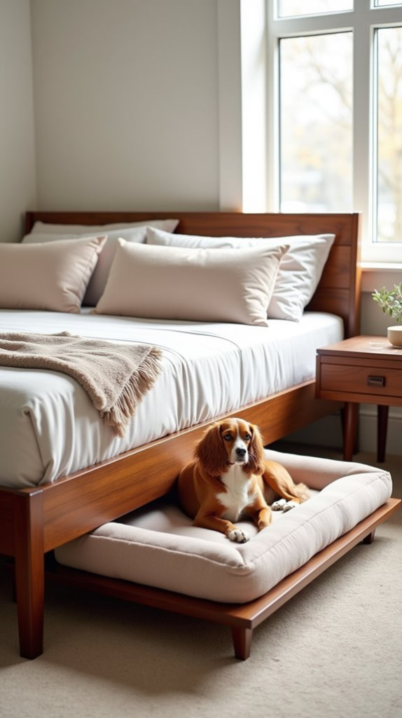 Mid-Century Modern Bed With Side Dog Bed Extension