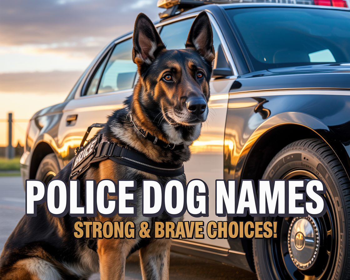 Create a high-CTR Pinterest pin image in vertical 1000x1500 format featuring a powerful German Shepherd police dog wearing a K9 harness standing confidently beside a police vehicle at sunset. Include realistic details, dramatic lighting, strong heroic atmosphere, and cinematic pet photography style. Use bold masculine colors like dark blue, black, and gold accents with an eye-catching modern Pinterest layout. Add large bold text overlay saying: “POLICE DOG NAMES” and smaller text: “Strong & Brave Choices!” Use readable high-contrast typography with subtle shadow effects, emotional powerful dog expression, dynamic background, and visually striking composition optimized for clicks and saves.