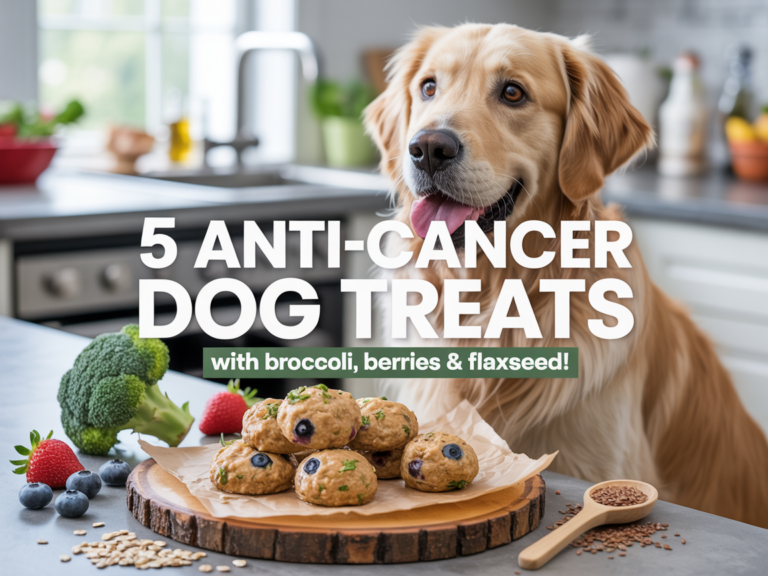 Create a high-CTR Pinterest pin image in vertical 1000x1500 format featuring a healthy happy golden retriever beside homemade anti-cancer dog treats on a rustic wooden table. Show fresh ingredients like broccoli, blueberries, strawberries, flaxseed, and oats clearly visible around the treats. Use bright natural lighting, vibrant healthy colors, realistic food photography style, and a clean modern kitchen background. Add bold eye-catching text overlay that says: “5 ANTI-CANCER DOG TREATS” and smaller text: “With Broccoli, Berries & Flaxseed!” Use large readable typography with white, green, and berry-colored accents, Pinterest-style layout, emotional dog expression, healthy wellness aesthetic, and an attractive composition designed to maximize clicks and saves.