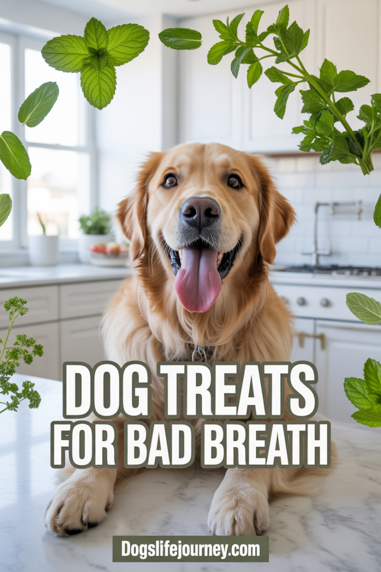 Real golden retriever dog smiling with tongue out, fresh green mint leaves and parsley around, bright clean kitchen background, bold eye-catching text “Dog Treats for Bad Breath”, include domain dogslifejourney.com, vibrant lighting, high CTR Pinterest style
