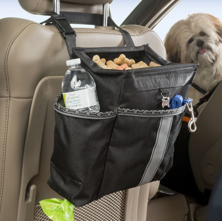9 Dog Car Organization Ideas for Road Trips: back seat organizer with pockets holding dog treats, toys, and leash