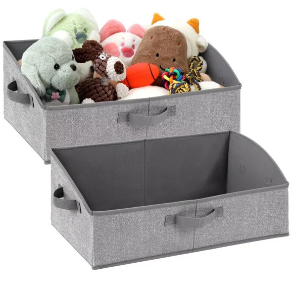 Small bin of dog toys organized on a car back seat