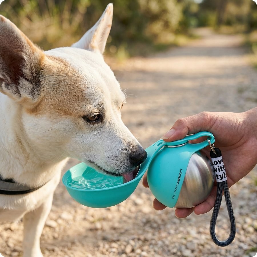 Collapsible travel water bottle with attached bowl for dog walks