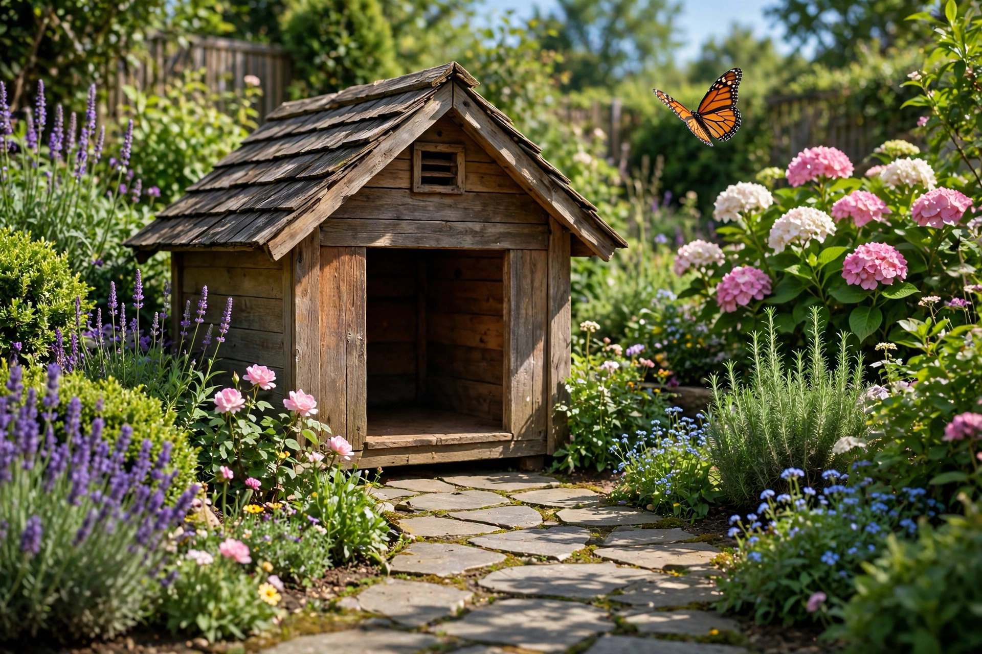 Dog house surrounded by a landscaped garden with a stone path, flowering plants, and a butterfly