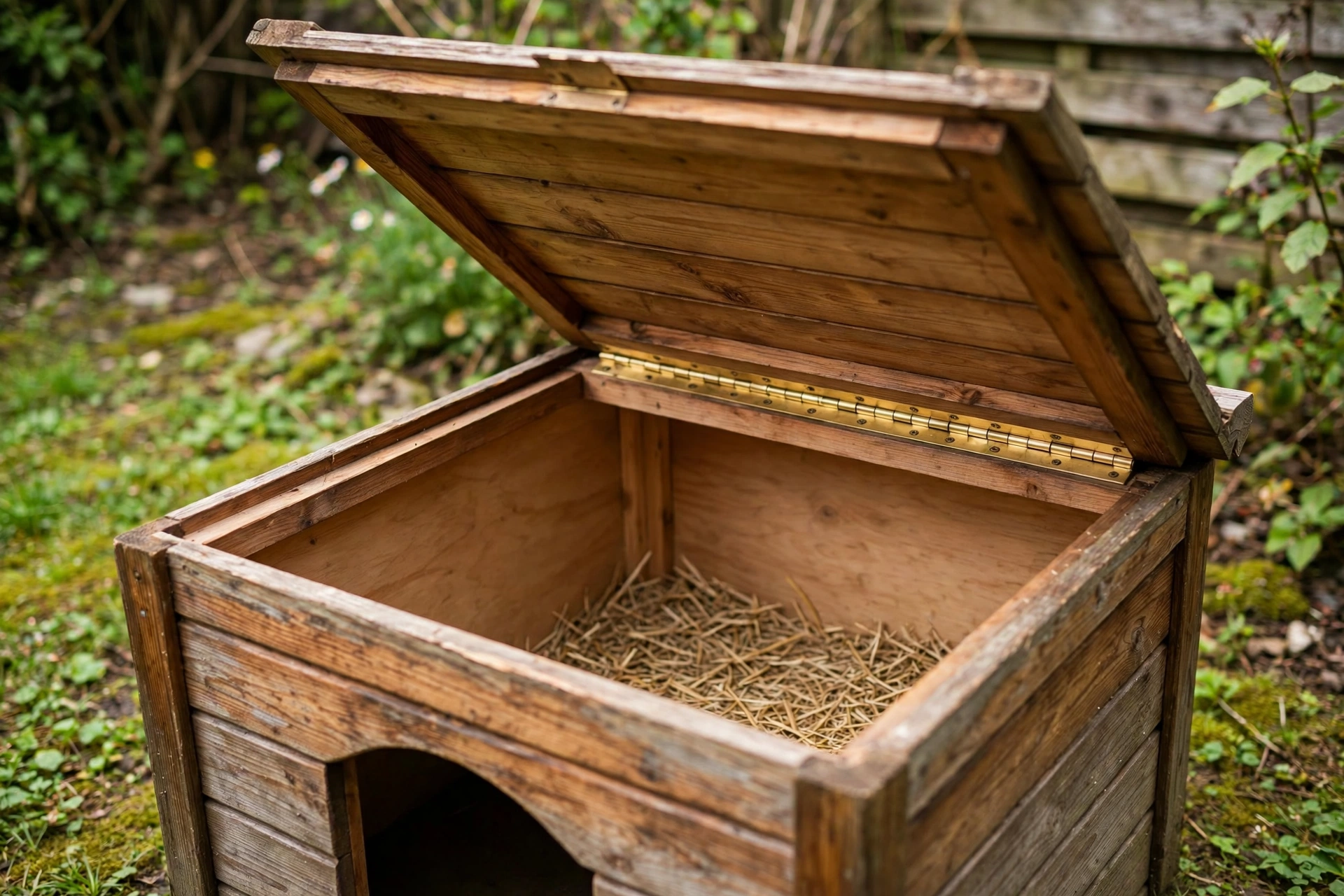 Wooden dog house with hinged roof panel flipped open showing clean interior