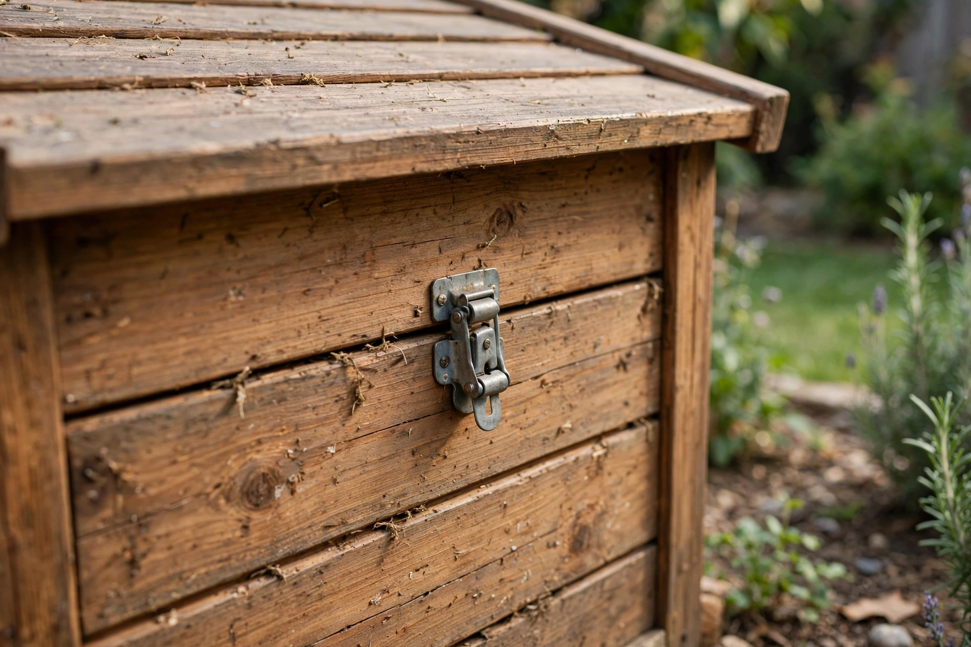 Wooden dog house with removable roof panel secured by a metal latch