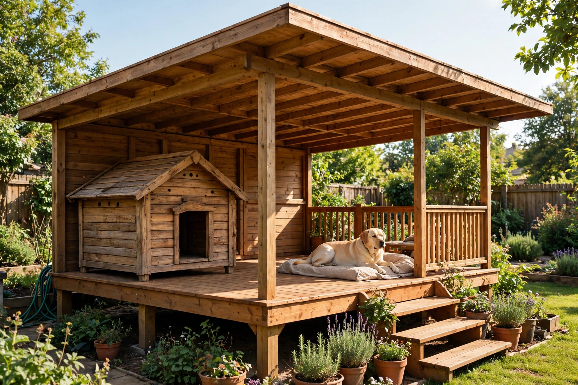 Dog house on a raised deck with extra-wide removable roof covering house and porch