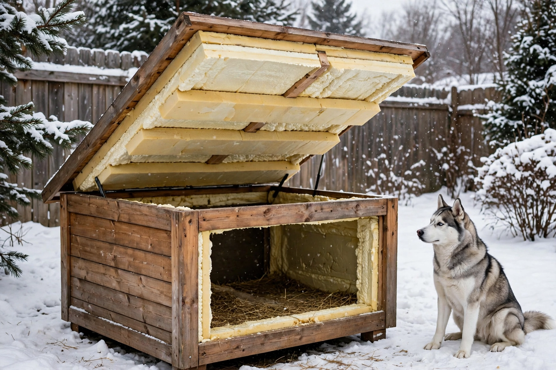 Dog house in snow with thick insulated removable roof panel lifted off