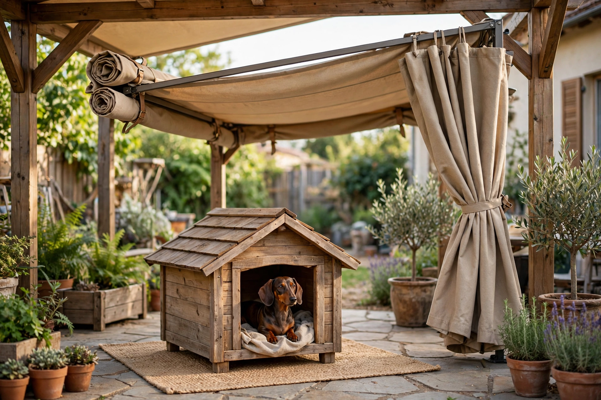 Small dog house with canvas roof rolled back like a convertible top